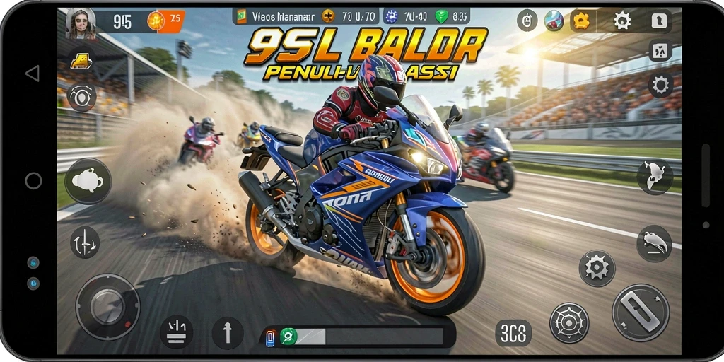 Screenshot 9SL menampilkan aksi balap motor yang mendebarkan.