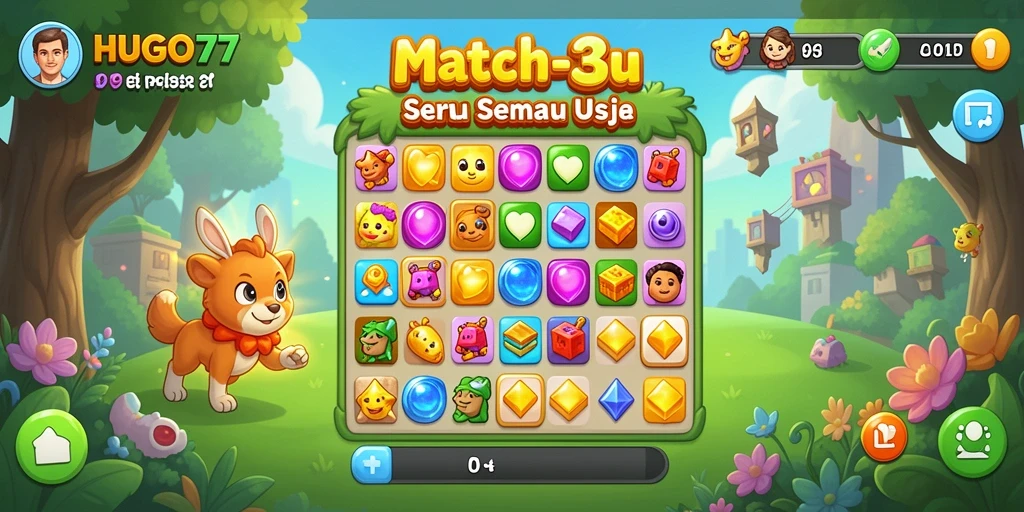 Tangkapan layar menampilkan gameplay seru HUGO77 dengan elemen Match-3.