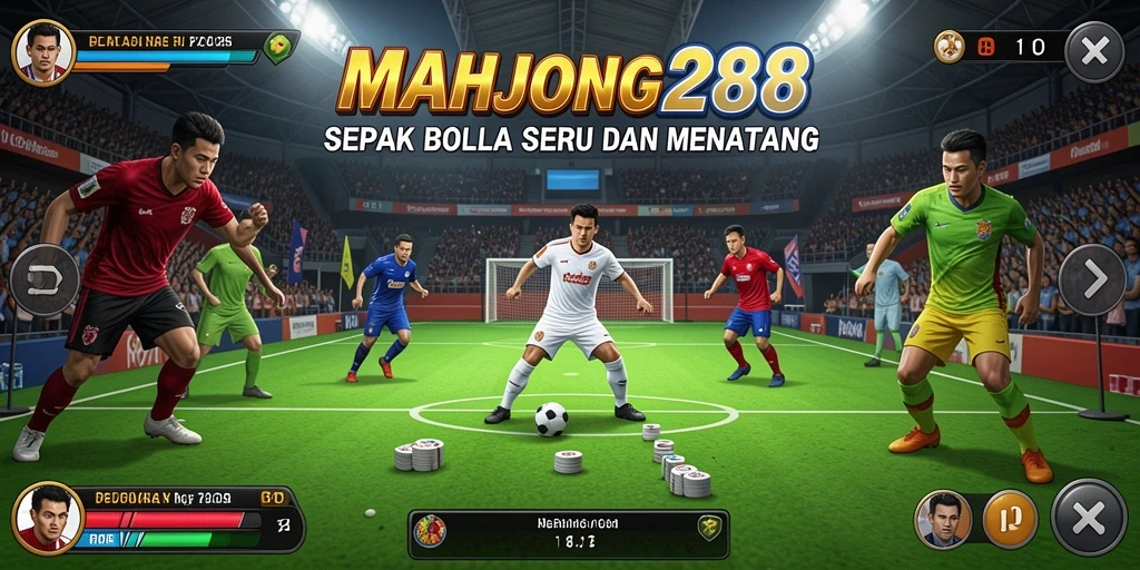 Screenshot gameplay MAHJONG288 dengan aksi menegangkan di lapangan sepak bola.