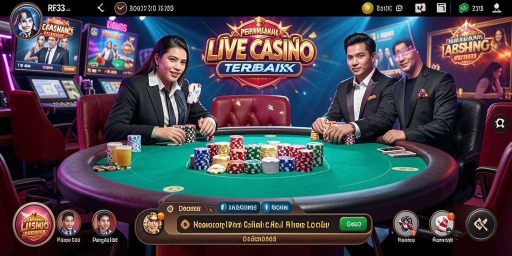 Screenshot gameplay Live Casino dengan dealer profesional dan interaksi pemain.