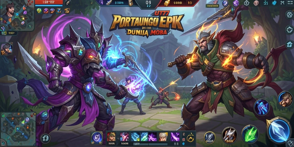 Tampilan gameplay UT77 dengan pertarungan intens antara karakter MOBA.